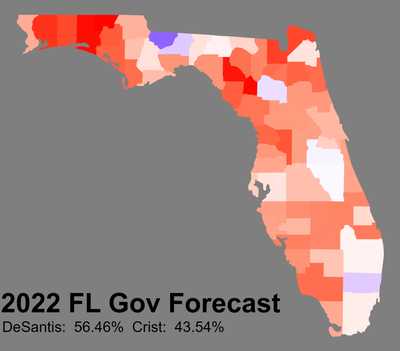 County-by-county forecast for Florida’s 2022 governor’s race, projecting 56.46% for Ron DeSantis and 43.54% for Charlie Crist.