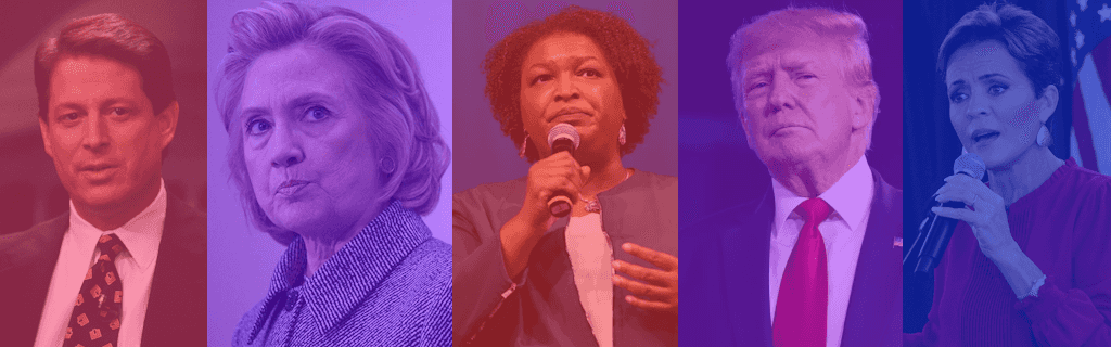 An image of electoral losers who contested the results of the election in contentious manners. The individuals include Al Gore, Hillary Clinton, Stacy Abrams, Donald Trump, and Kari Lake..